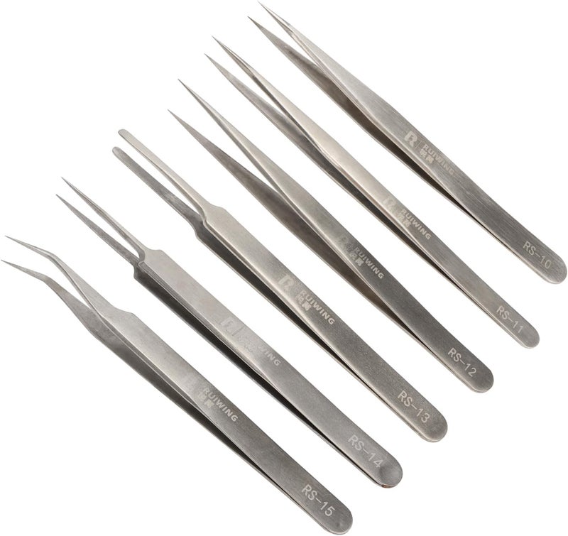 RuiWing Precision Tweezers Set, 6 PCS Extra Thick Stainless Steel, Non-Magnetic, Heat Resistant for Electronics, Soldering, Jewelry, Craft, and Laboratory Work - Image 1